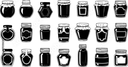 Vintage Jar Collection. Black and white vector illustrations of various glass containers for jam, honey, and preserves, featuring diverse shapes, labels, and lid styles.