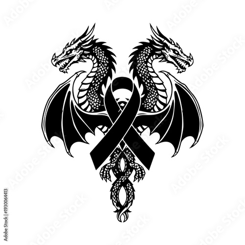 Two dragons intertwined with ribbon illustration