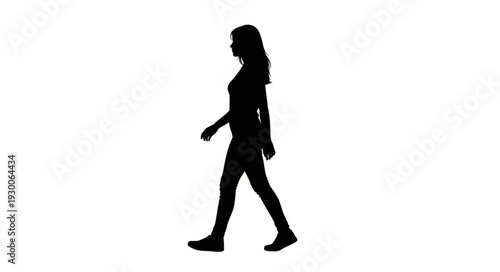 Silhouette of a woman walking against a white background.