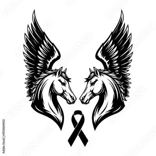 Two horses with wings facing each other above a ribbon illustration