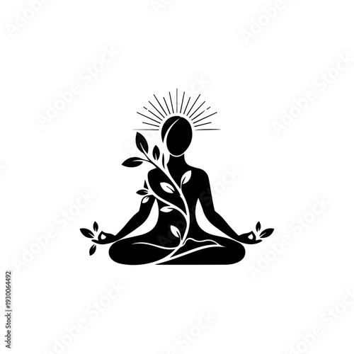 Serene figure meditates surrounded by leaves and sun rays in lotus position