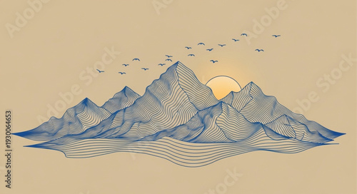 Stylized Mountain Range with Sun and Birds Illustration.
