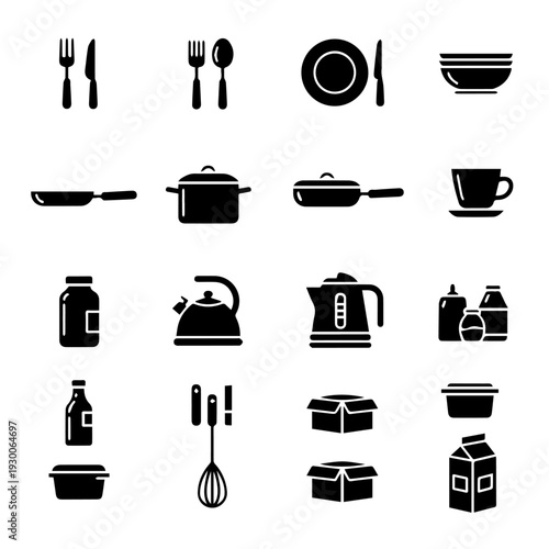 Collection of kitchen utensils and appliances icons displayed neatly in grid
