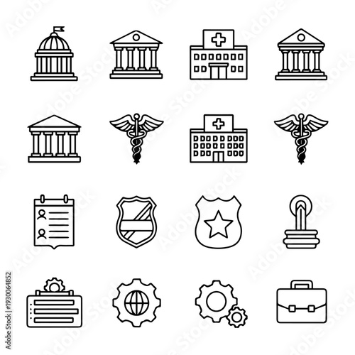 Collection of medical and government institution icons in a grid layout
