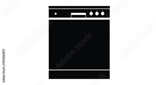 Black and white silhouette of a modern dishwasher appliance with control panel