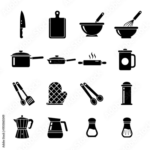 Kitchen utensils and appliances collection on white background viewed from above