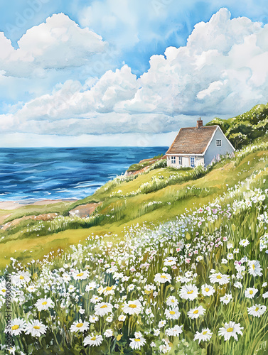 Coastal Cottage with Daisies