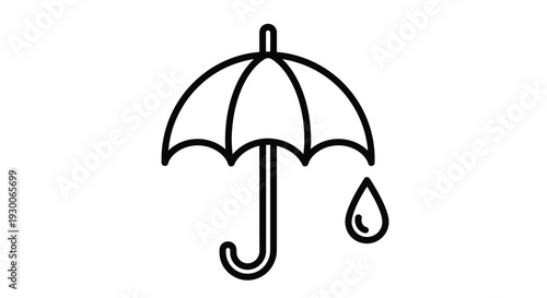 Simple black and white line drawing of an umbrella with a falling raindrop
