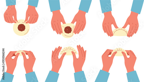 Step by step instructions for making dumplings or pierogi vector illustration showing hands folding dough with meat filling for culinary recipes and cooking tutorials.