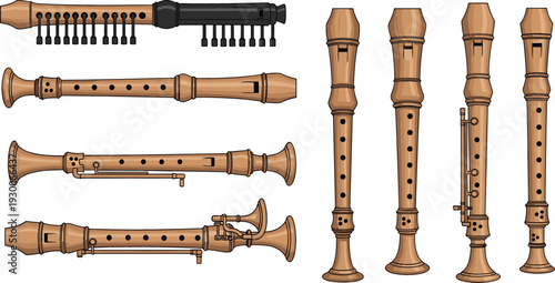 Set of traditional wooden recorder flutes and baroque woodwind instruments featuring various sizes from soprano to bass for classical music education and historical performance.