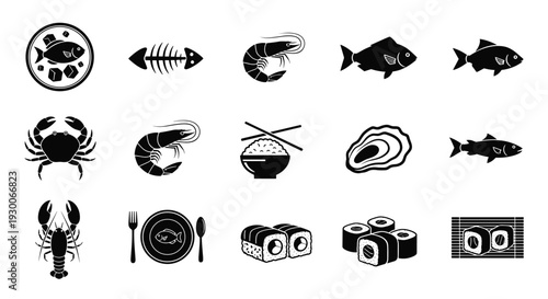 Collection of Seafood and Sushi Icons Featuring Fish Shrimps Crabs Lobsters and Japanese Cuisine for Restaurant Menus Seafood Markets and Asian Dining Concept Vector