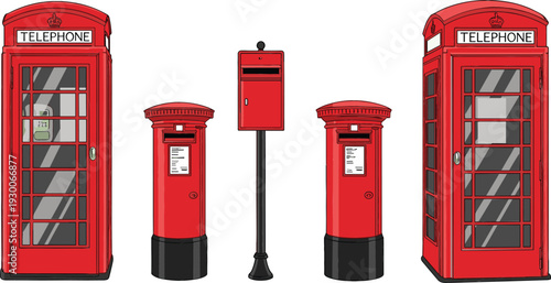 Set of iconic red British telephone booths and classic royal mail post boxes isolated on white background for United Kingdom travel and London tourism themes.