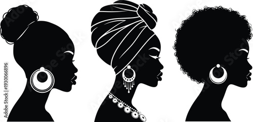 Collection of Three African American Woman Silhouettes with Diverse Natural Hairstyles Including Afro Turban and Bun for Beauty Fashion Identity and Empowerment Concept