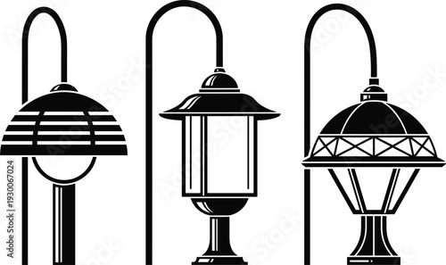 Collection of Three Modern Outdoor Street Lamp Silhouettes Featuring Decorative Lanterns and Curved Posts for Urban Lighting Contemporary City Architecture and Exterior Design