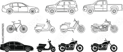Collection of transport vehicle icons including sedan SUV pickup truck bicycle scooter and motorcycle vector outlines and silhouettes for design