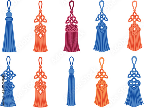 Set of traditional oriental Chinese knots and decorative tassels in blue orange and maroon for Lunar New Year festival celebration and cultural ornament design.