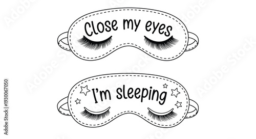 Charming black and white sleeping masks featuring playful text and decorative eyelashes and stars for relaxation.