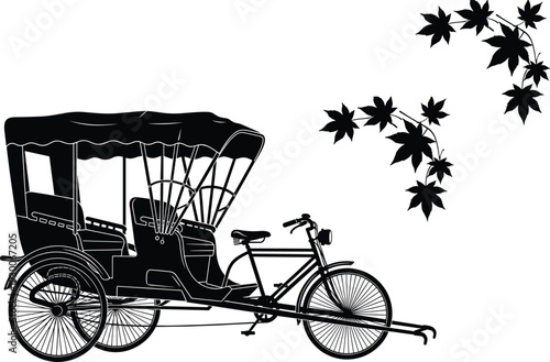 Cycle rickshaw silhouette illustration, traditional transport vector art, cultural heritage design, maple leaves decoration, Asian vehicle artwork, black silhouette concept