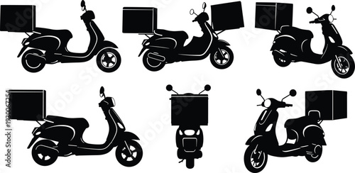 Delivery scooter silhouette vector collection, food transport motorbike icon set, courier service moped graphic, express shipping vehicle black white illustration.