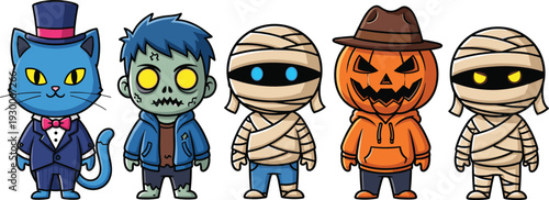 Halloween characters illustration, cartoon monsters, spooky costumes, zombie, mummy, pumpkin head, cat character, fantasy, horror, creepy, playful, humorous,