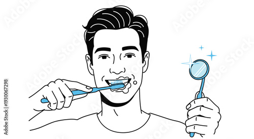 Young man practicing good dental hygiene by brushing his teeth while holding a professional dentist mirror.