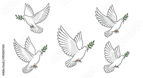 Five graceful white doves soaring through the air while carrying green olive branches as symbols of peace.