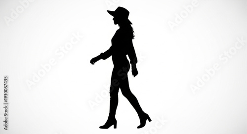 Silhouette of a woman walking wearing a hat and high heels.