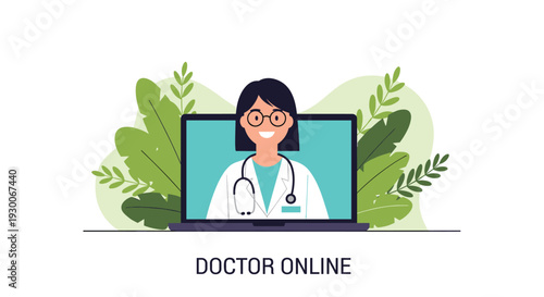 Professional female doctor appearing on a laptop screen for a virtual consultation as part of a doctor online service.