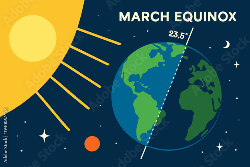 Spring Vernal Equinox Earth Tilt and Sun Position Illustration