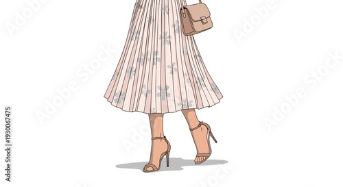 Elegant lower body shot of a woman wearing a light pleated floral skirt and stylish high-heeled sandals.