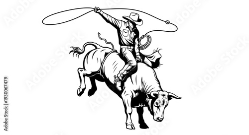 Cowboy riding a bucking bull with a lasso.
