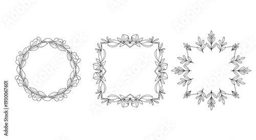 Elegant set of three hand-drawn floral borders in circular, square, and diamond shapes for artistic projects.