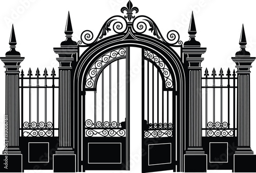Elegant Black Wrought Iron Gate Vector Illustration Featuring Ornate Filigree Swirls Classic Pillars And Decorative Arch For Mansion