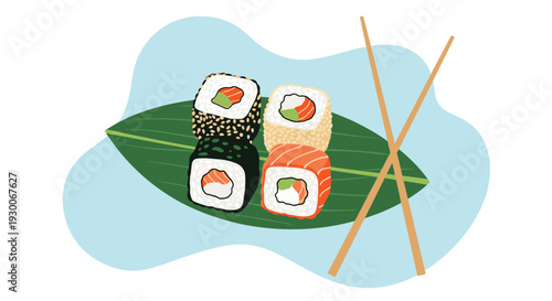 Four freshly prepared sushi rolls served on a large green leaf with wooden chopsticks against a blue backdrop.