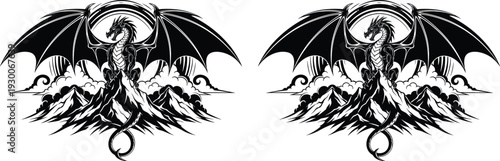 Epic dragon silhouette perched on mountain peak vector, mythical creature with large wings over clouds, fantasy landscape black white illustration.
