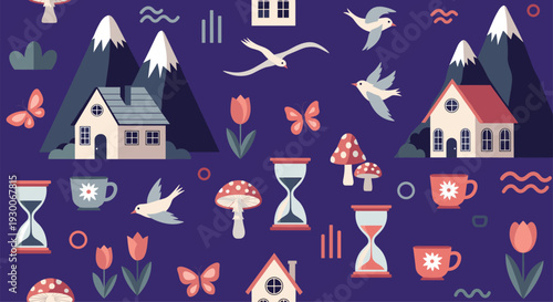Seamless vector pattern featuring cozy houses, mountains, birds, butterflies, mushrooms, and hourglasses on a dark purple background.