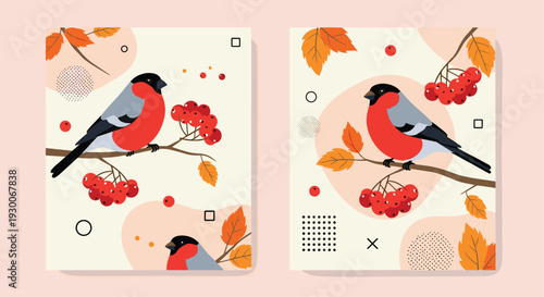 Pair of autumn greeting cards with bullfinches sitting on tree branches with red rowan berries and orange leaves on a cream background.