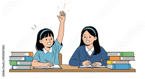Two schoolgirls sitting at a wooden desk with stacks of books while one student raises her hand to answer a question in a classroom setting.