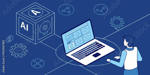 AI concept with businessman interacting with glowing digital brain interface, modern technology visualization.