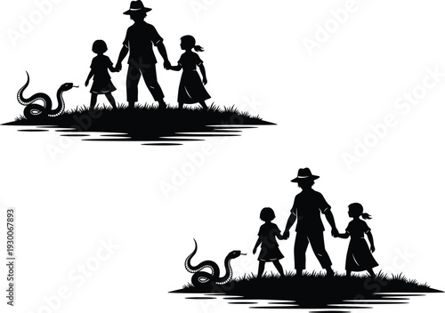 Family silhouette with children, adult wearing hat, snake encounter, grassy outdoor scene, caution, danger, wildlife interaction, protective parent illustration