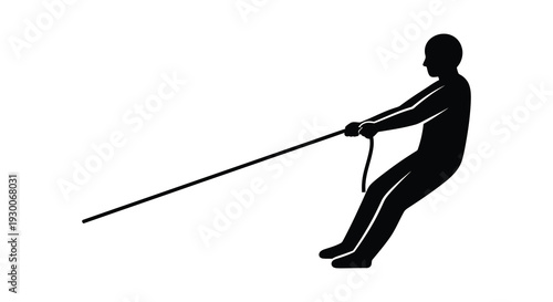 A stark black silhouette depicts a person intensely pulling on a long rope conveying effort silhouette high quality