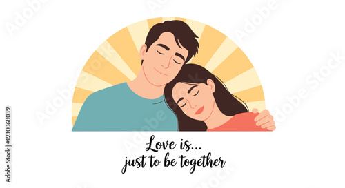 Romantic illustration of a young man and woman hugging with closed eyes against a radiant sunburst background with love is slogan.
