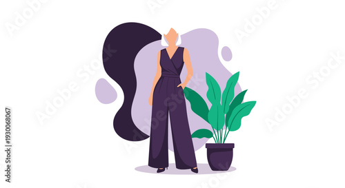 Modern fashion illustration of a faceless woman with white hair wearing a dark purple jumpsuit standing beside a large green houseplant.