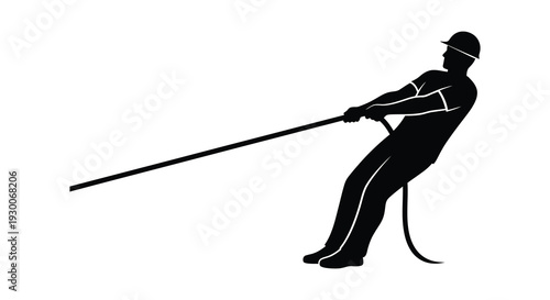 A stark black silhouette depicts a man intensely pulling on a rope showcasing strength and determination silhouette