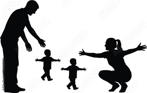 Happy family silhouette set, parents teaching toddler baby to walk, first steps concept, mother and father with child vector illustration.