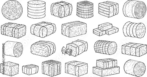 Hay Bales Collection: Hand-Drawn Vector Set of Farm Harvest, Agriculture, and Rural Elements