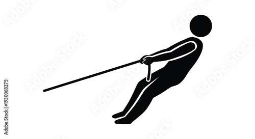 A simplified black silhouette depicts a person waterskiing dynamically angled showcasing athletic movement silhouette high quality professional detailed