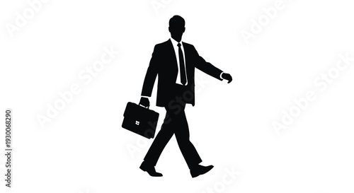 A sharply dressed businessman briskly walking while carrying a briefcase depicted in black silhouette high quality professional detailed