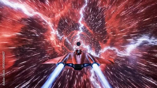 A futuristic spaceship zooms through a vibrant, swirling tunnel of red and blue lights, evoking a sense of high-speed travel through space