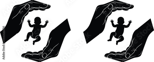 Human hands protecting baby silhouette vector, childcare and pediatric health care concept, infant safety icon, parental love and security graphic.